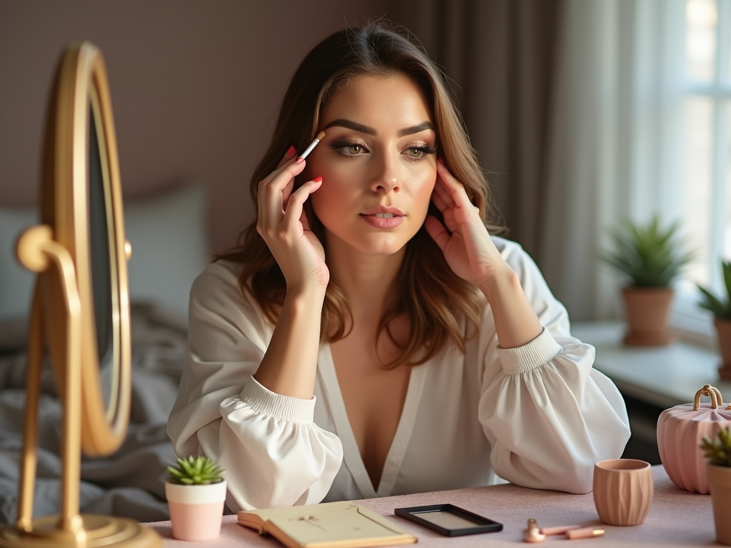 Woman applying makeup while sitting at a vanity table in a cozy room.